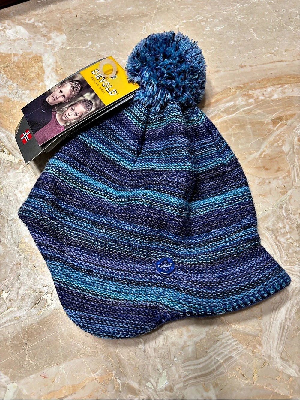 Devold Friends Merino Beanie Merino Wool Striped Pom-Pom Hat in Blue & Purple N